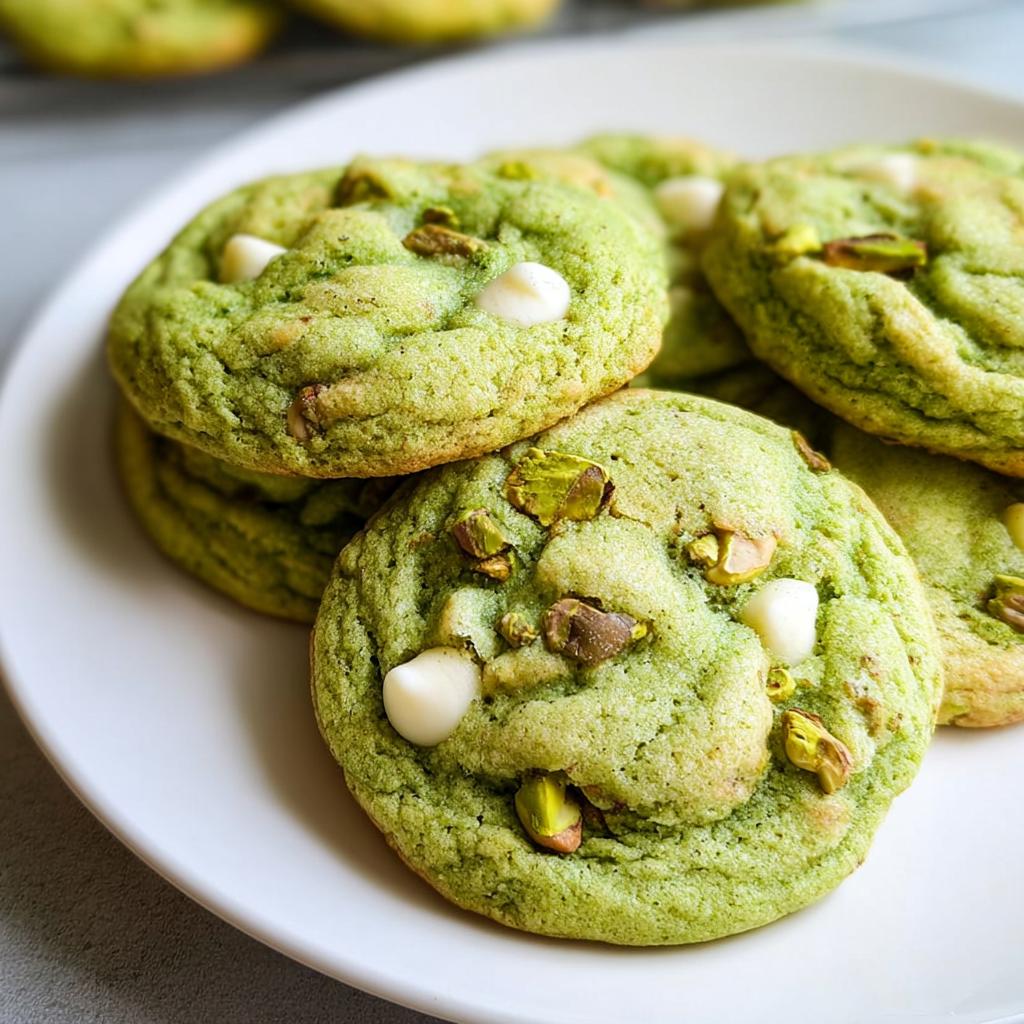 Close-up of soft and chewy pistachio pudding cookies with white chocolate chips and chopped pistachios on a white plate.