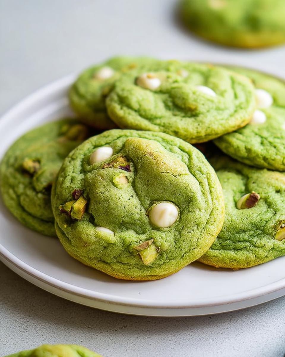 Close-up of soft and chewy pistachio pudding cookies with white chocolate chips and chopped pistachios.