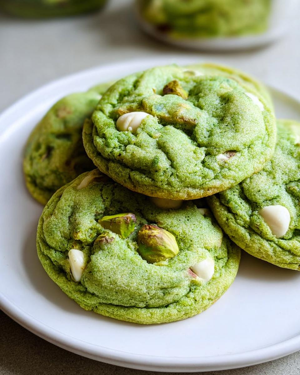 A close-up of soft and chewy pistachio pudding cookies with white chocolate chips and whole pistachios.