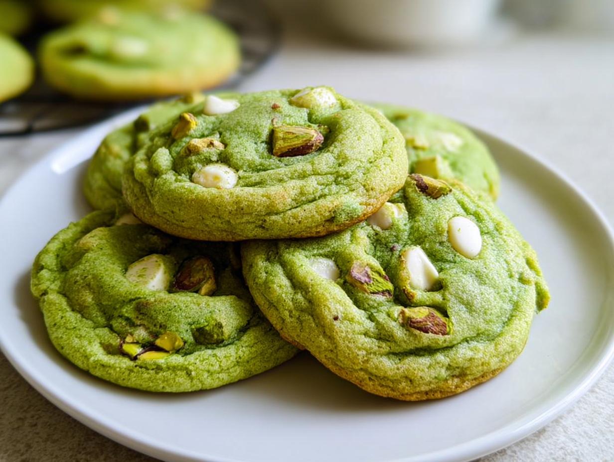 Close-up of soft and chewy pistachio pudding cookies with white chocolate chips and chopped pistachios.