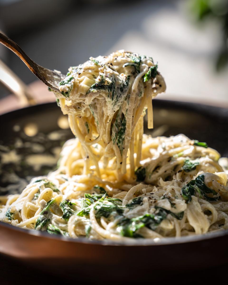 A fork lifting a swirl of creamy spinach artichoke pasta from a pan, showcasing the delicious texture and ingredients.