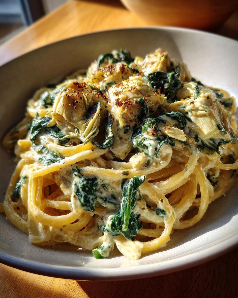 A close-up of creamy spinach artichoke pasta, showcasing tender spaghetti coated in a rich sauce with wilted spinach and artichoke hearts.