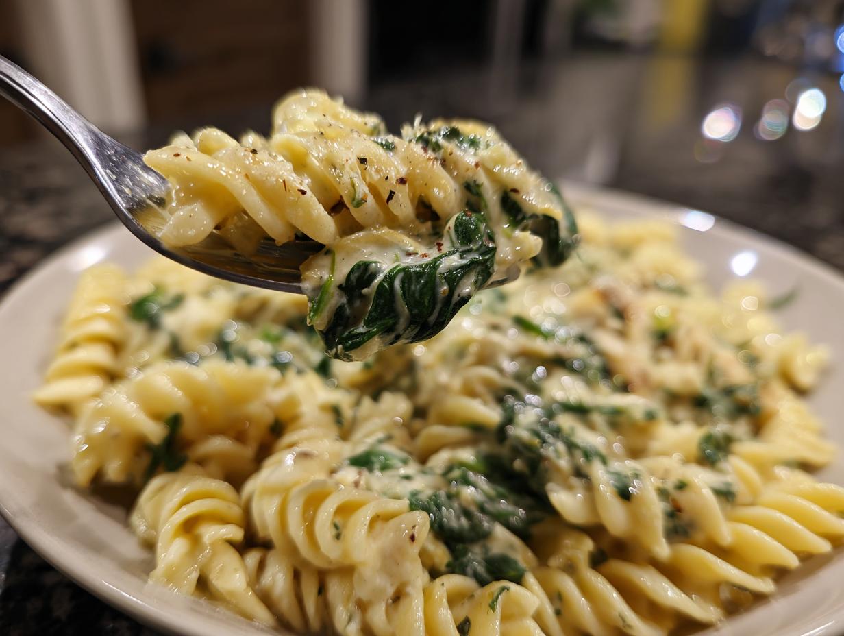 A forkful of creamy spinach artichoke pasta, showcasing fusilli noodles and wilted spinach.