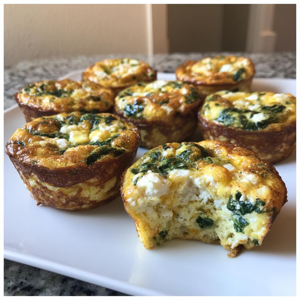 A plate of golden-brown spinach feta egg muffins, with one muffin bitten into, revealing the fluffy interior and feta cheese.