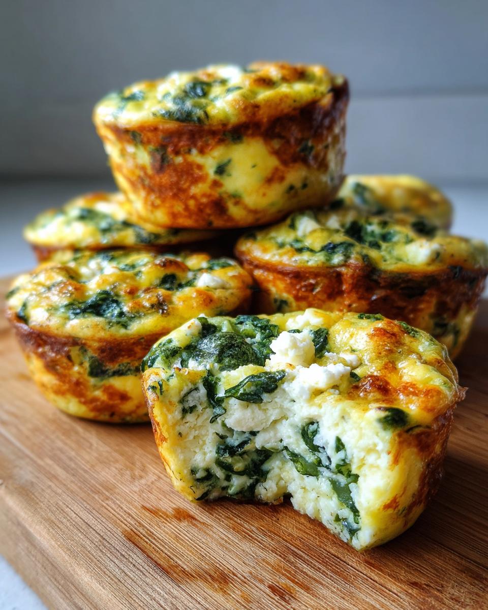 Close-up of spinach feta egg muffins, one with a bite taken out showing the fluffy interior and feta cheese.