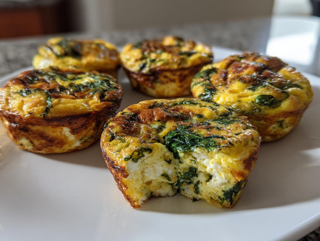 A plate of golden-brown spinach feta egg muffins, with one muffin broken open to show the fluffy interior and spinach filling.