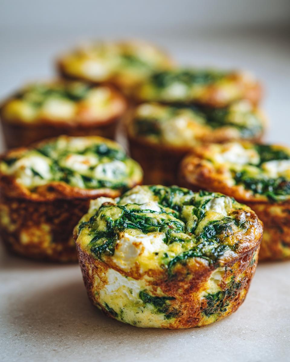Close-up of golden-brown spinach feta egg muffins, showcasing the fluffy egg, spinach, and feta cheese.