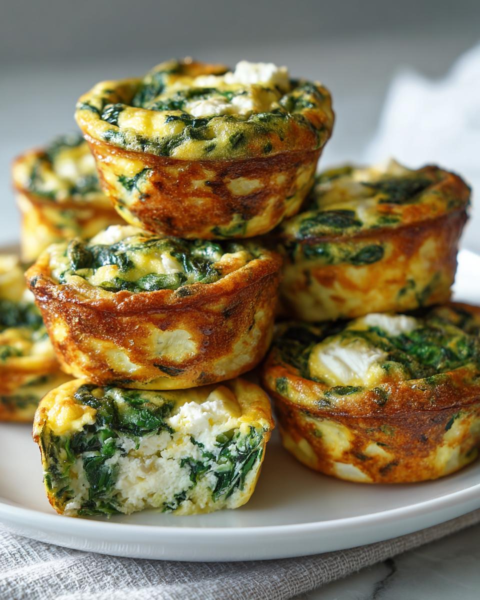 A stack of golden-brown spinach feta egg muffins, with one muffin cut in half to reveal the fluffy interior and feta cheese.
