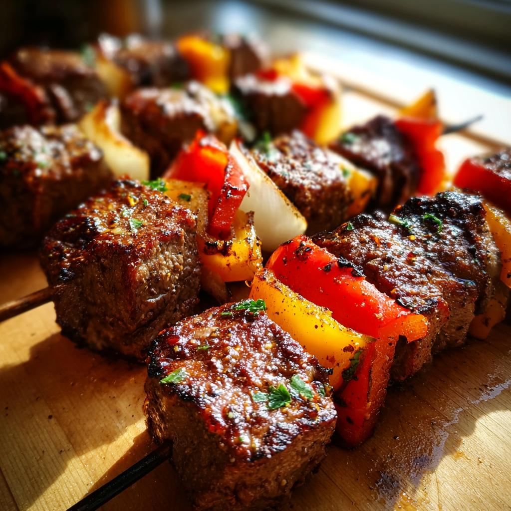 Close-up of grilled steak kabobs with red and yellow peppers and onions, seasoned with herbs.