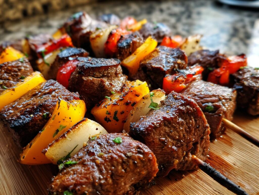 Close-up of perfectly grilled steak kabobs with chunks of steak, yellow peppers, and onions, seasoned with herbs.