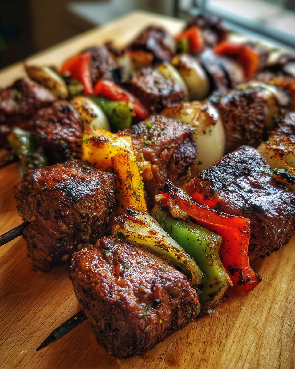 Close-up of grilled steak kabobs with colorful bell peppers and onions on a wooden cutting board.