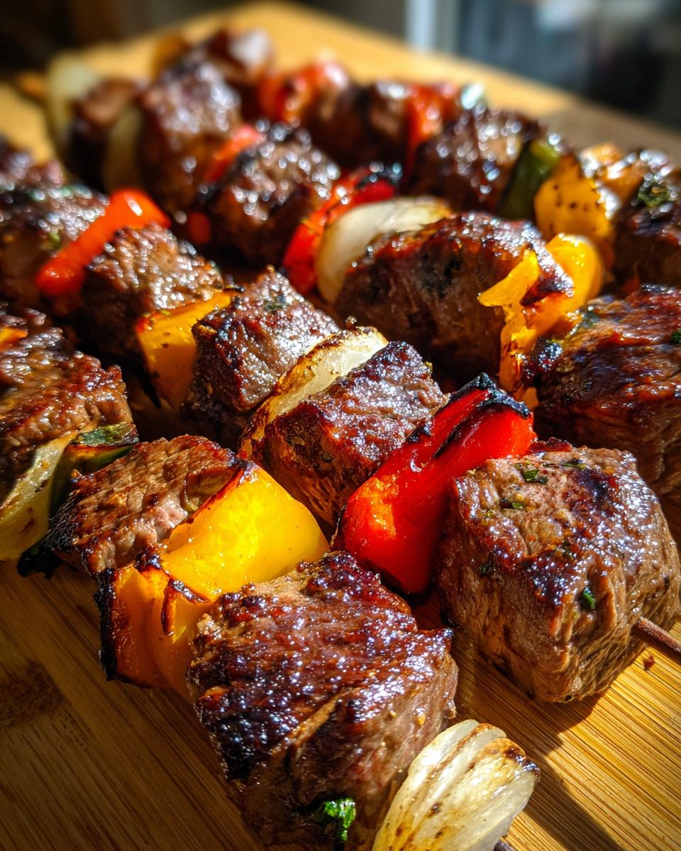 Close-up of juicy grilled steak kabobs with colorful bell peppers and onions, seasoned and charred to perfection.
