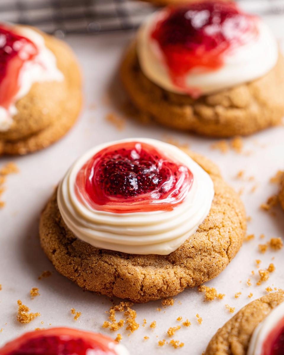 Close-up of a Strawberry Cheesecake Cookie Pretty, topped with cream cheese frosting and strawberry jam.