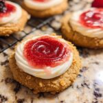 Close-up of a Strawberry Cheesecake Cookie Pretty topped with cream cheese frosting and strawberry jam.