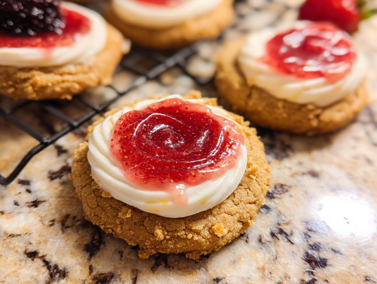 Close-up of a Strawberry Cheesecake Cookie Pretty topped with cream cheese frosting and strawberry jam.