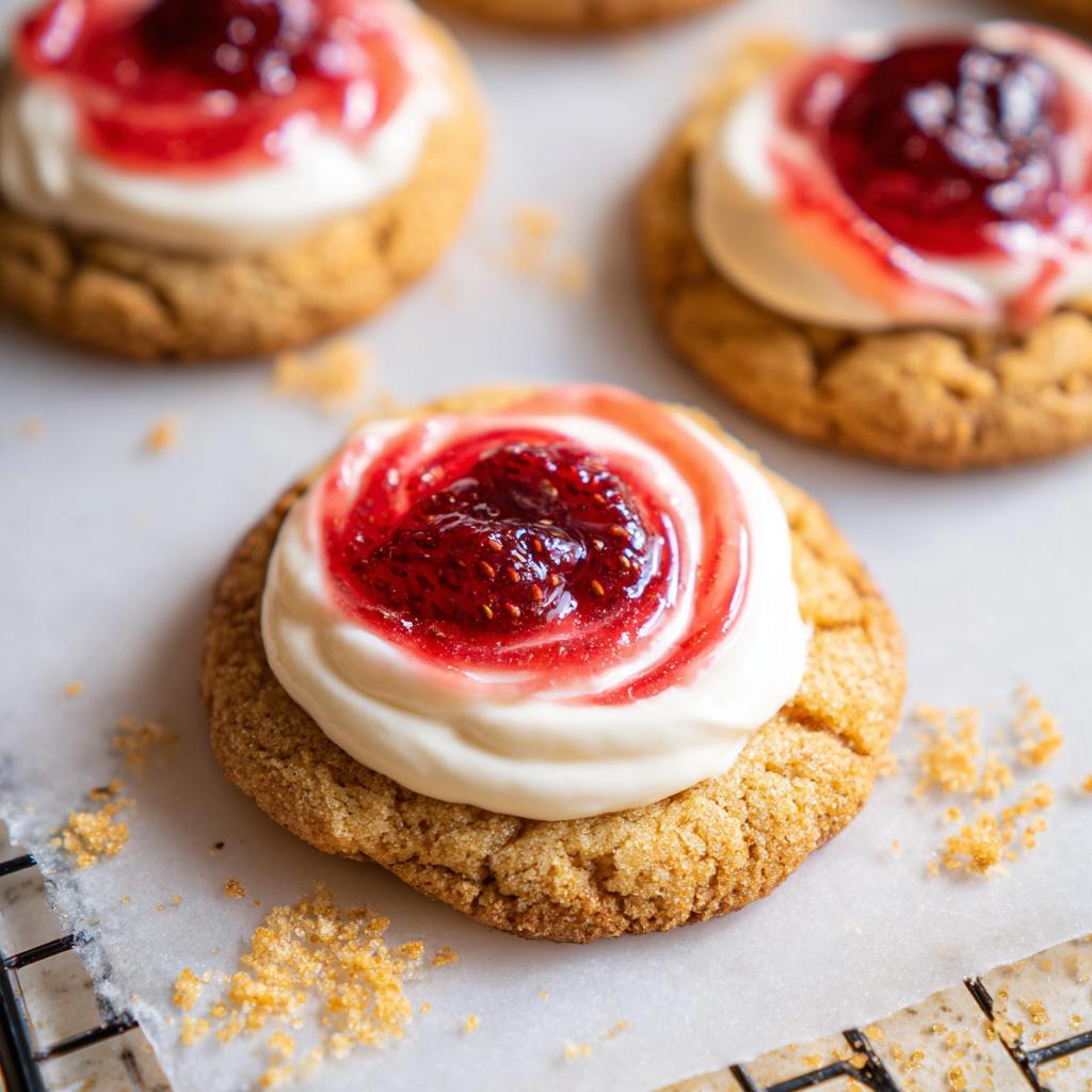 Close-up of a Strawberry Cheesecake Cookie Pretty, topped with cream cheese frosting and strawberry jam.