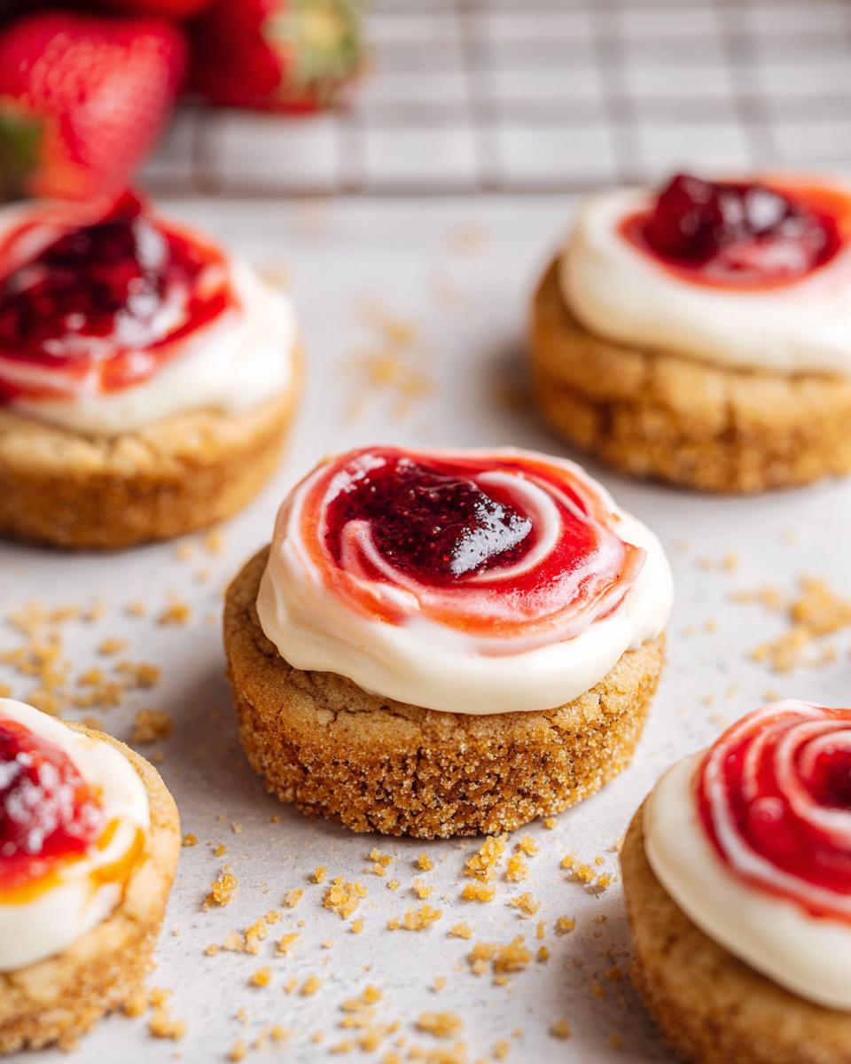 Close-up of Strawberry Cheesecake Cookies Pretty, topped with cream cheese frosting and swirled strawberry jam.