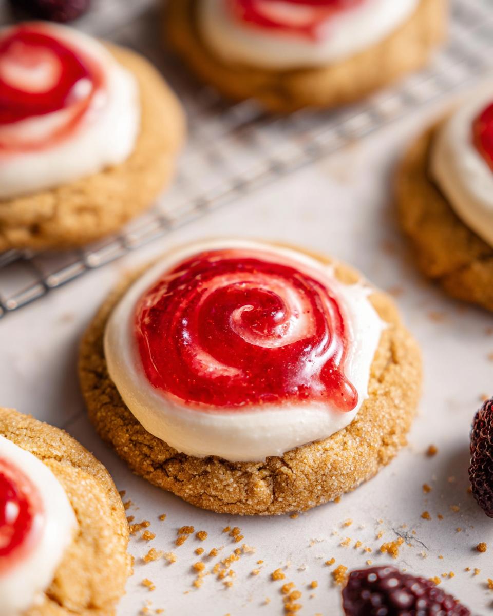 Close-up of a Strawberry Cheesecake Cookie Pretty topped with creamy frosting and a vibrant red strawberry swirl.