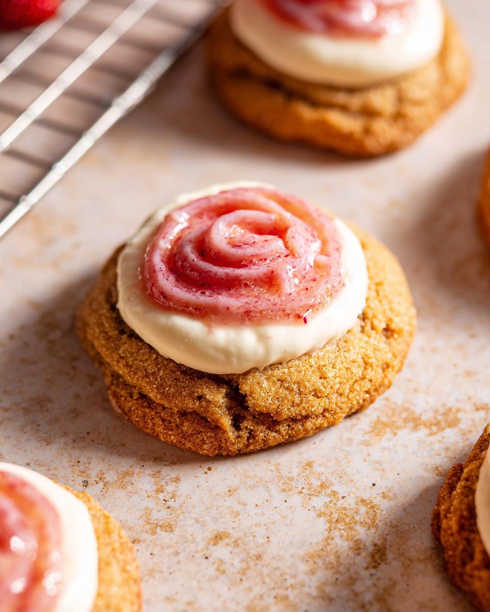 Close-up of a Strawberry Cheesecake Cookie Pretty, topped with cream cheese frosting and strawberry swirl.