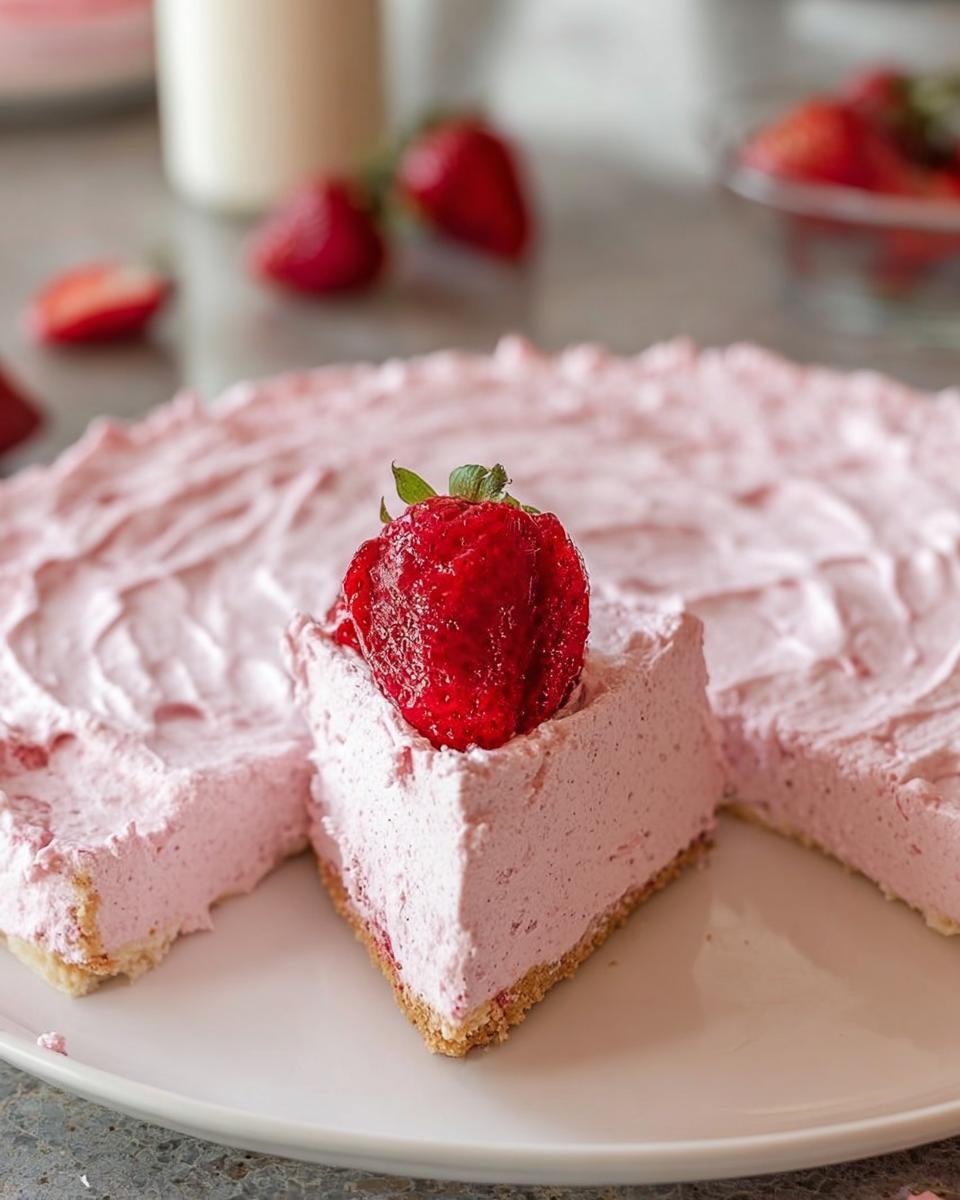 A slice of no-bake strawberry cloud cake topped with a fresh strawberry.