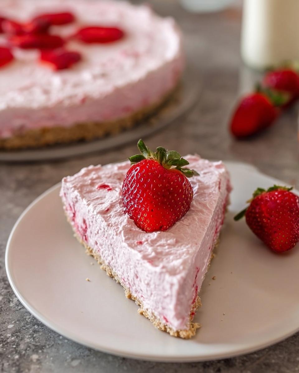 A slice of light and healthy no-bake strawberry cloud cake, topped with a fresh strawberry.