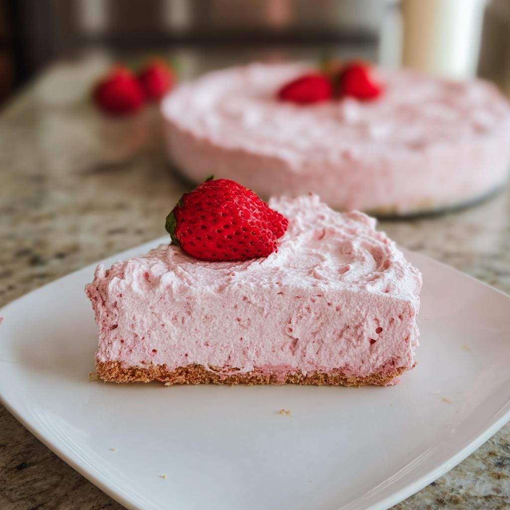A slice of light and healthy strawberry cloud cake topped with a fresh strawberry on a white plate.