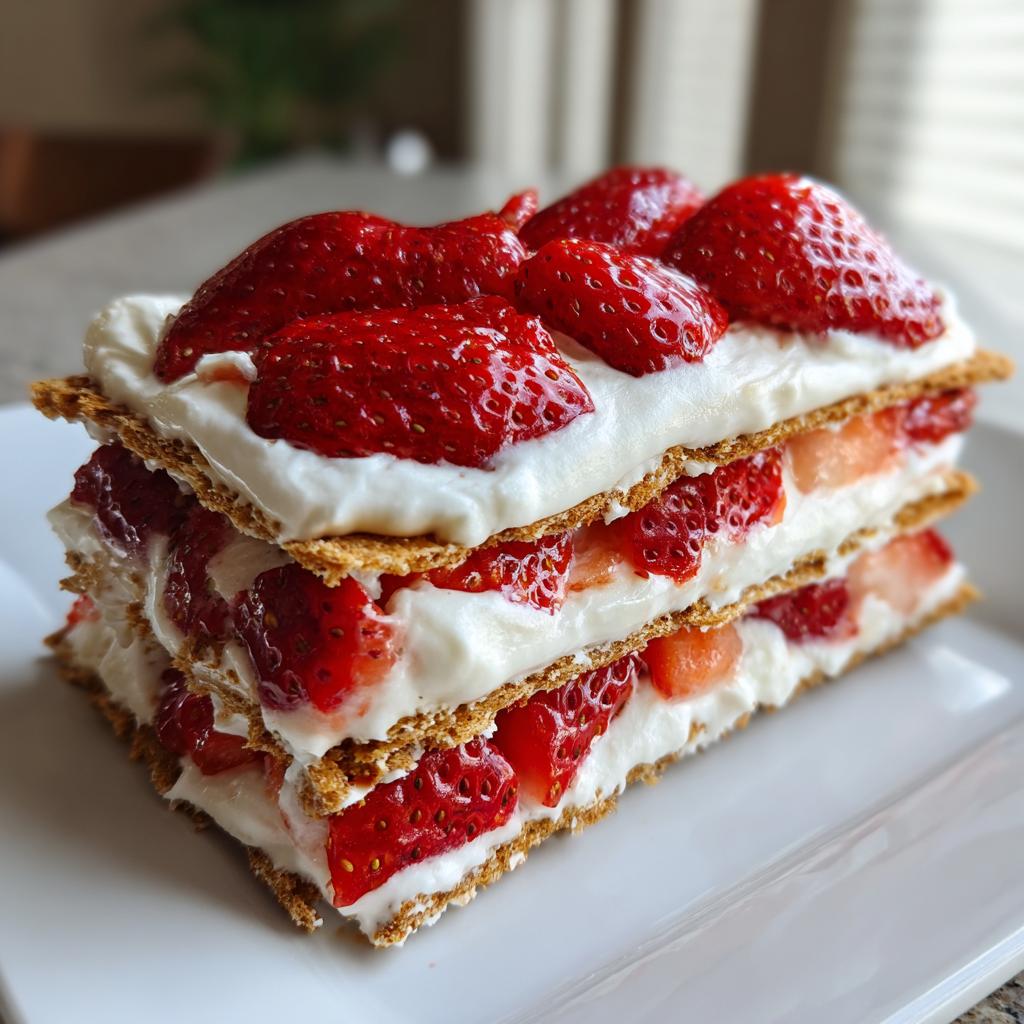 A slice of creamy strawberry icebox cake with layers of graham crackers, whipped cream, and fresh strawberries.
