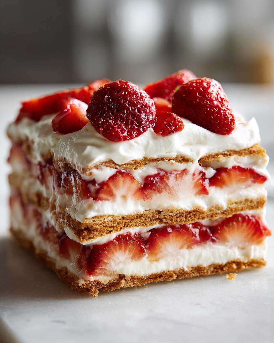 A slice of creamy strawberry icebox cake layered with wafers, whipped cream, and fresh strawberries.