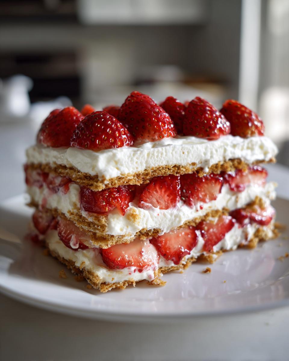 A slice of creamy strawberry icebox cake with layers of graham crackers, whipped cream, and fresh strawberries.
