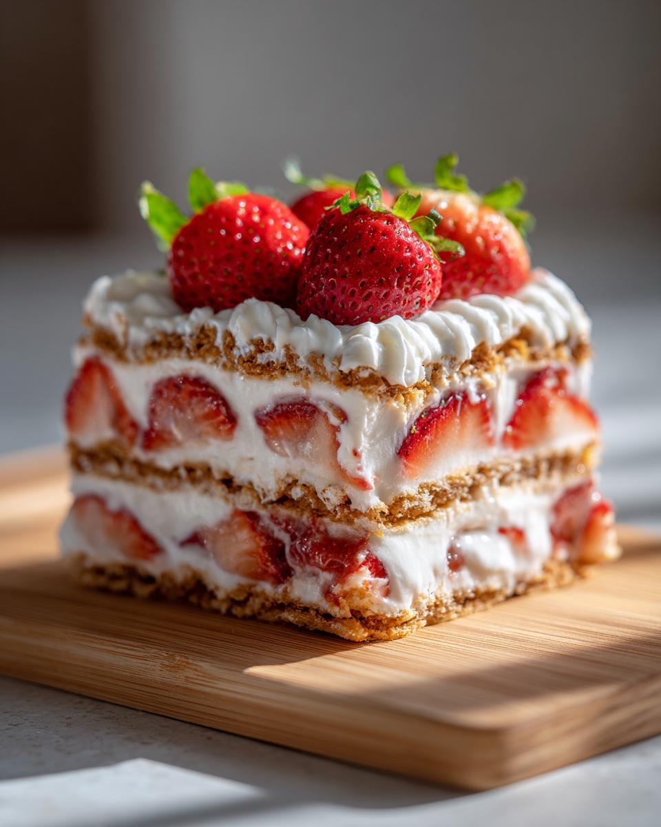 A slice of creamy strawberry icebox cake layered with cookies and fresh strawberries, topped with whipped cream and whole strawberries.