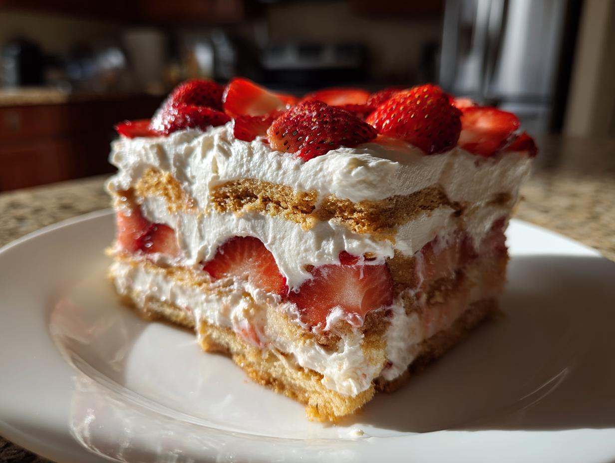 A slice of creamy strawberry icebox cake layered with cookies, whipped cream, and fresh strawberries.