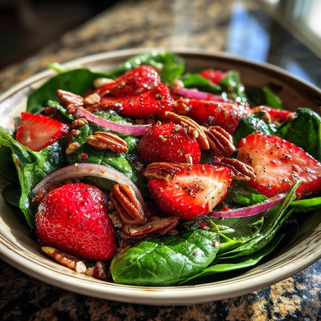 A close-up of a refreshing strawberry spinach salad with sliced strawberries, pecans, and red onion.