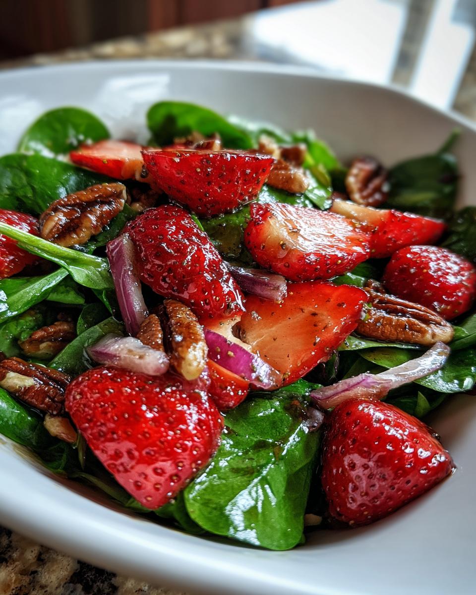 Close-up of a refreshing strawberry spinach salad with pecans and red onion, perfect for summer.