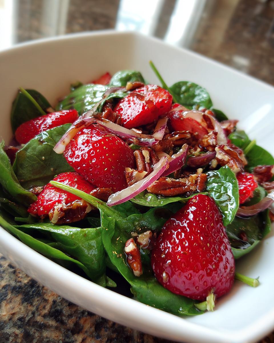 Close-up of a refreshing strawberry spinach salad with sliced red onions and pecans in a white bowl.