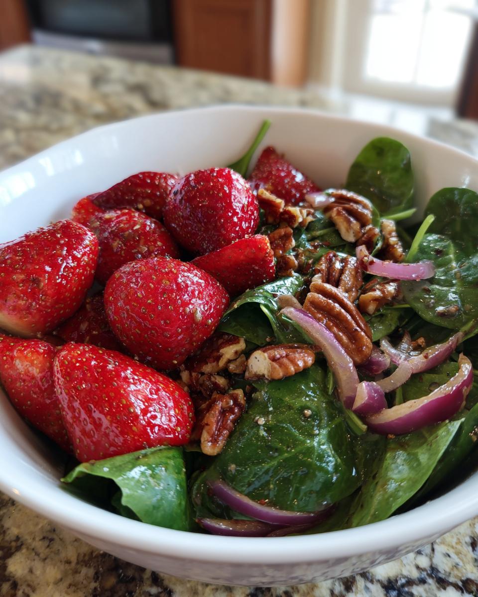 A close-up of a refreshing strawberry spinach salad with red onion slices and pecans in a white bowl.