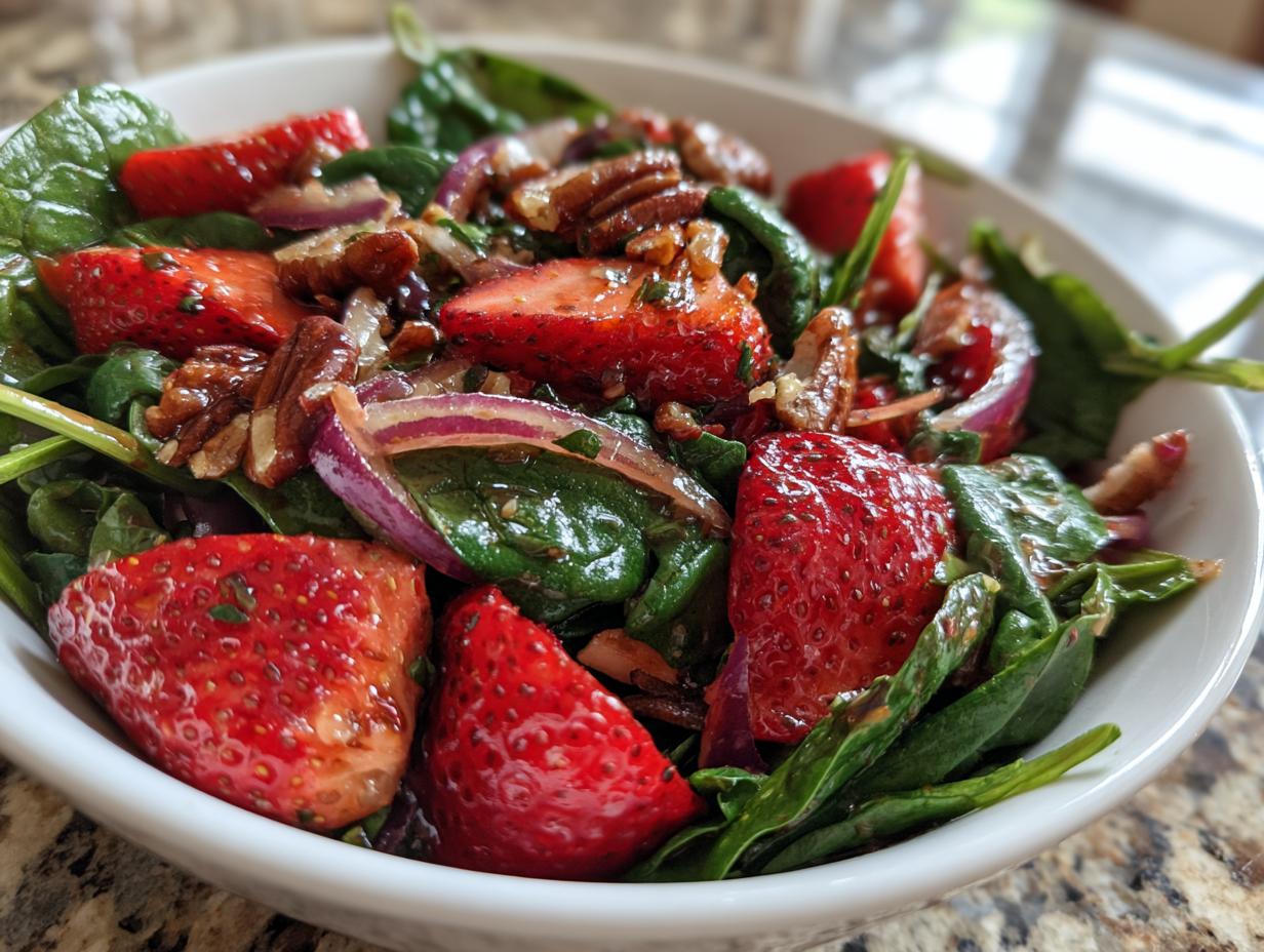 Close-up of a refreshing strawberry spinach salad with red onion and pecans.