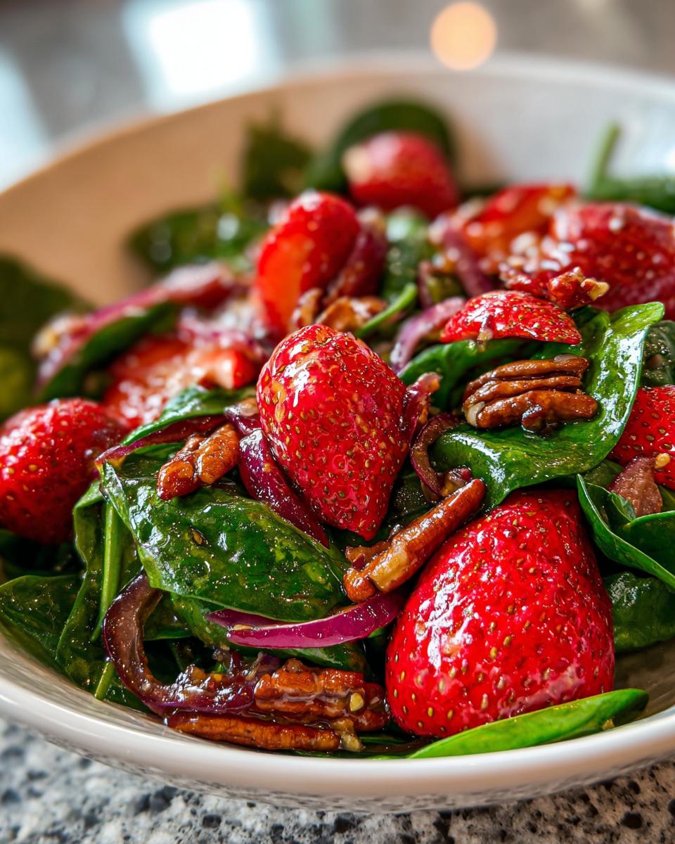 Close-up of a vibrant strawberry spinach salad with red onion slices and pecans, a perfect summer salad recipe.