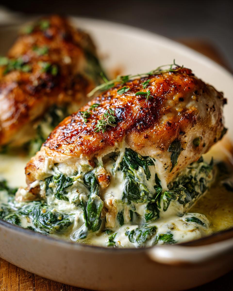 Close-up of a golden-brown stuffed spinach chicken breast, oozing with creamy spinach filling.