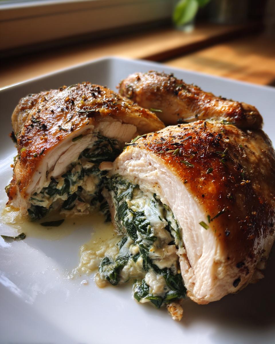 A close-up of a stuffed spinach chicken breast, cut open to reveal a creamy spinach and cheese filling.