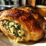 A golden-brown stuffed spinach chicken breast, showcasing the creamy spinach and cheese filling.