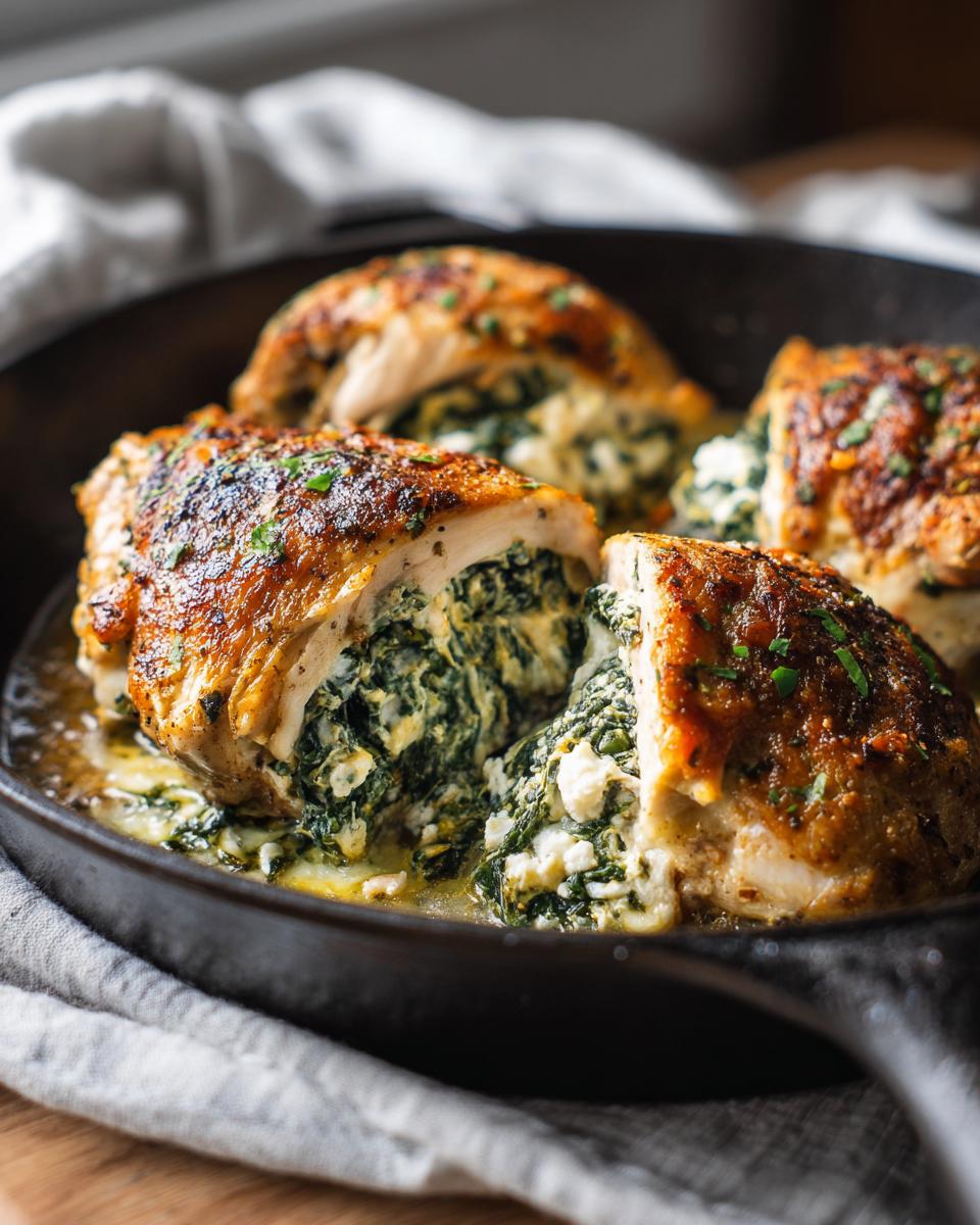 Close-up of stuffed spinach chicken breast in a skillet, showing creamy spinach and cheese filling.