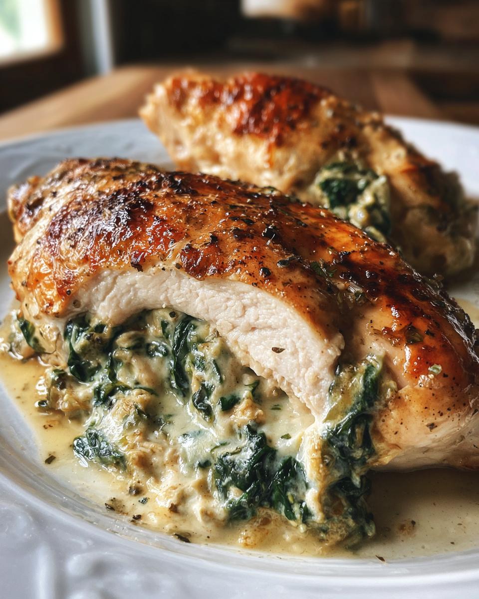 Close-up of a juicy stuffed spinach chicken breast, cut open to reveal creamy spinach filling.