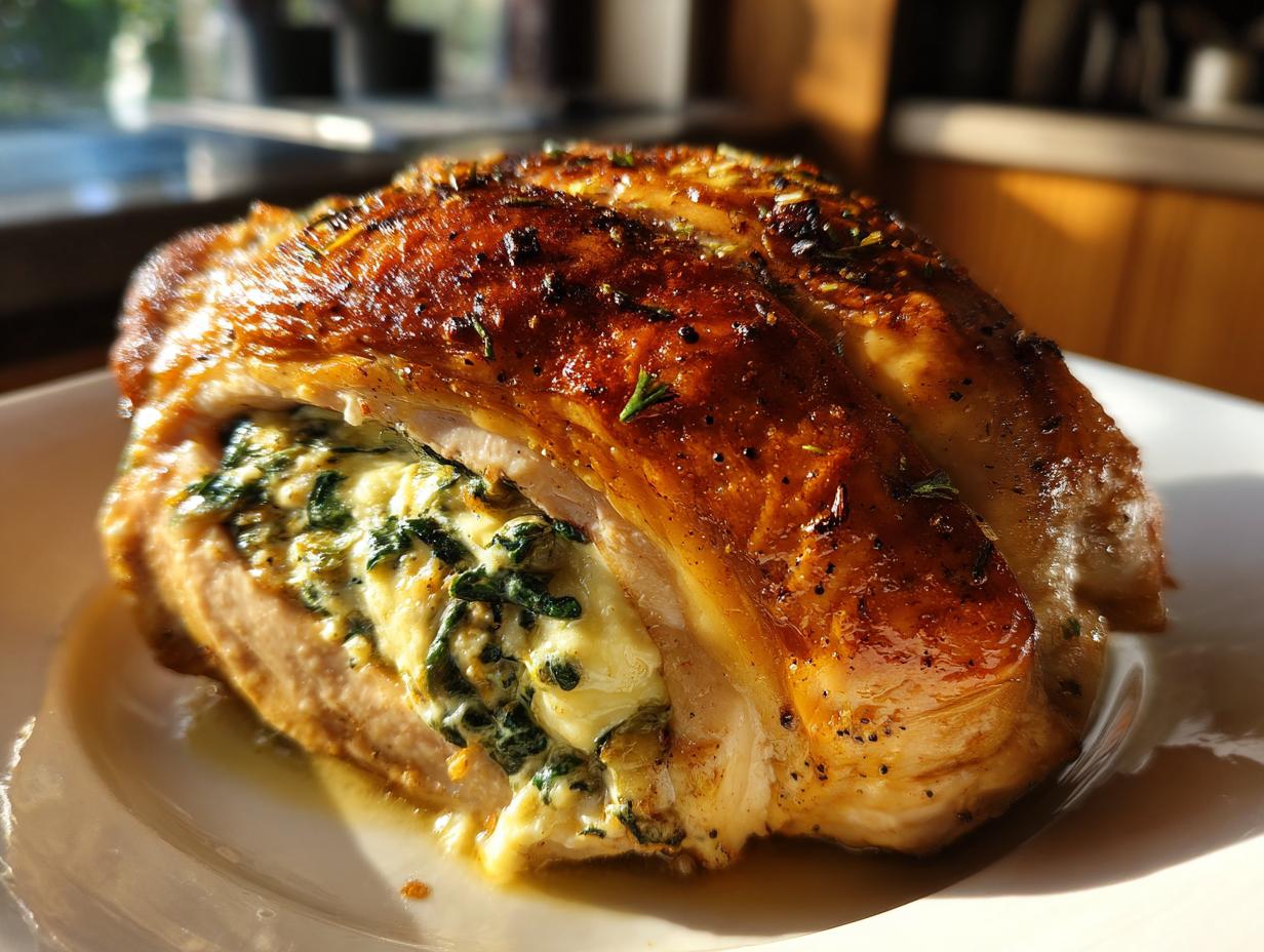 A golden-brown stuffed spinach chicken breast, showcasing the creamy spinach and cheese filling.