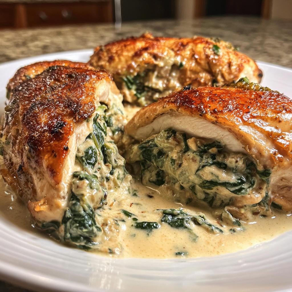 Close-up of three stuffed spinach chicken breasts on a white plate, with a creamy sauce.