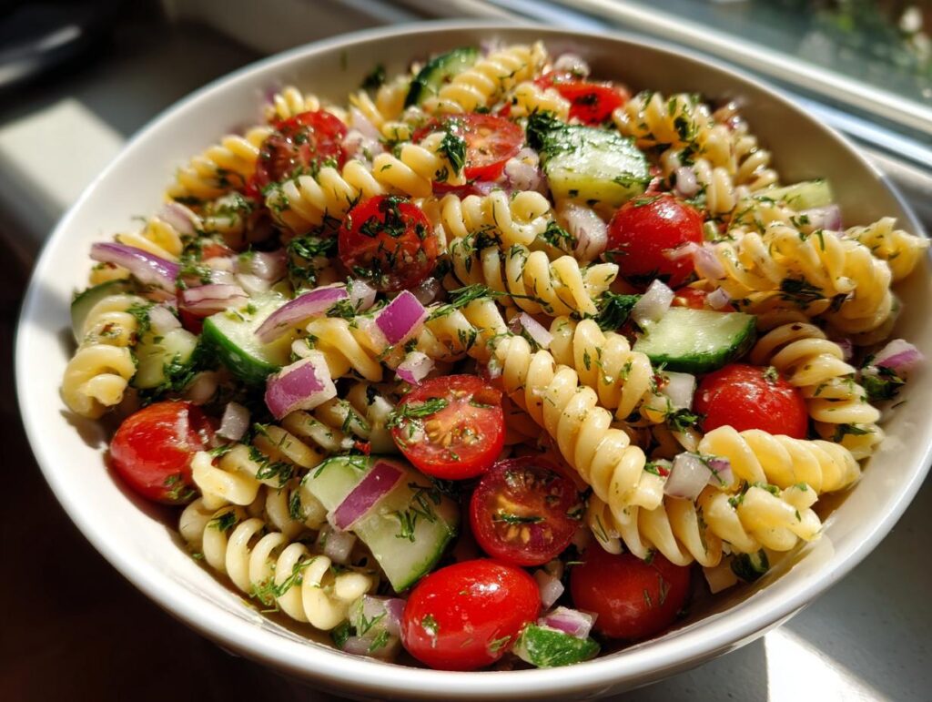 A bowl of bright summer pasta salad with fusilli pasta, cherry tomatoes, cucumber, red onion, and fresh herbs.