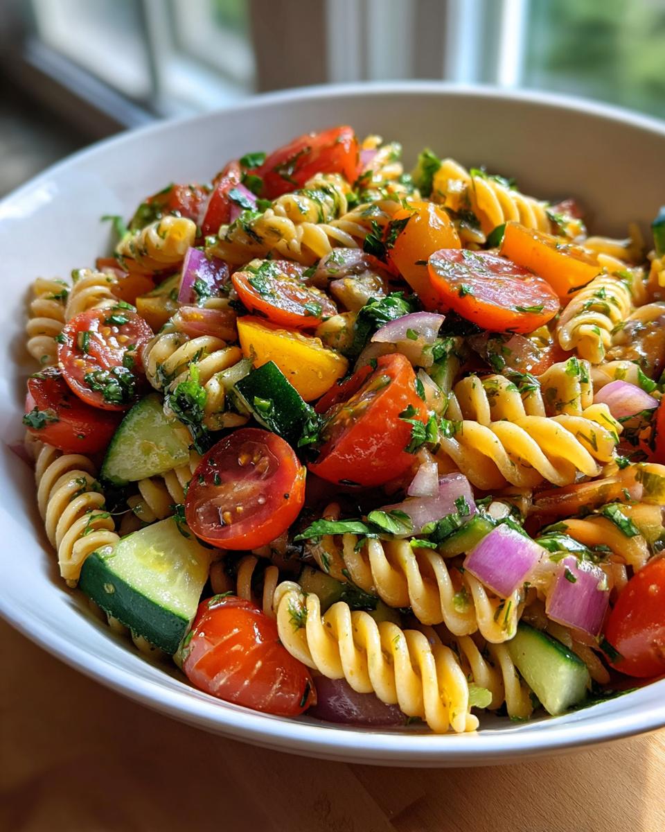 Close-up of a vibrant Summer Pasta Salad with fusilli pasta, cherry tomatoes, cucumber, red onion, and fresh herbs.