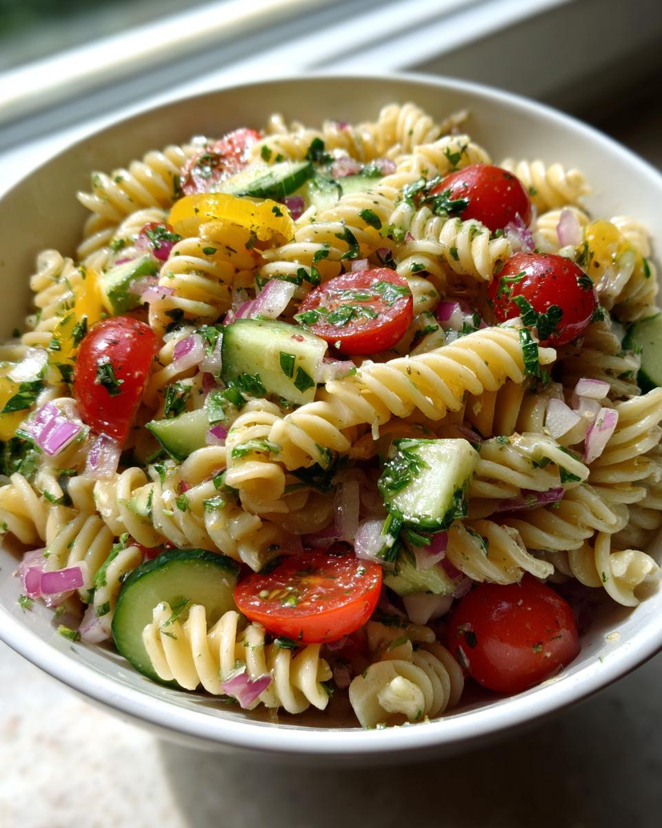 Close-up of a bright summer pasta salad with fusilli pasta, cherry tomatoes, cucumber, red onion, and fresh herbs.