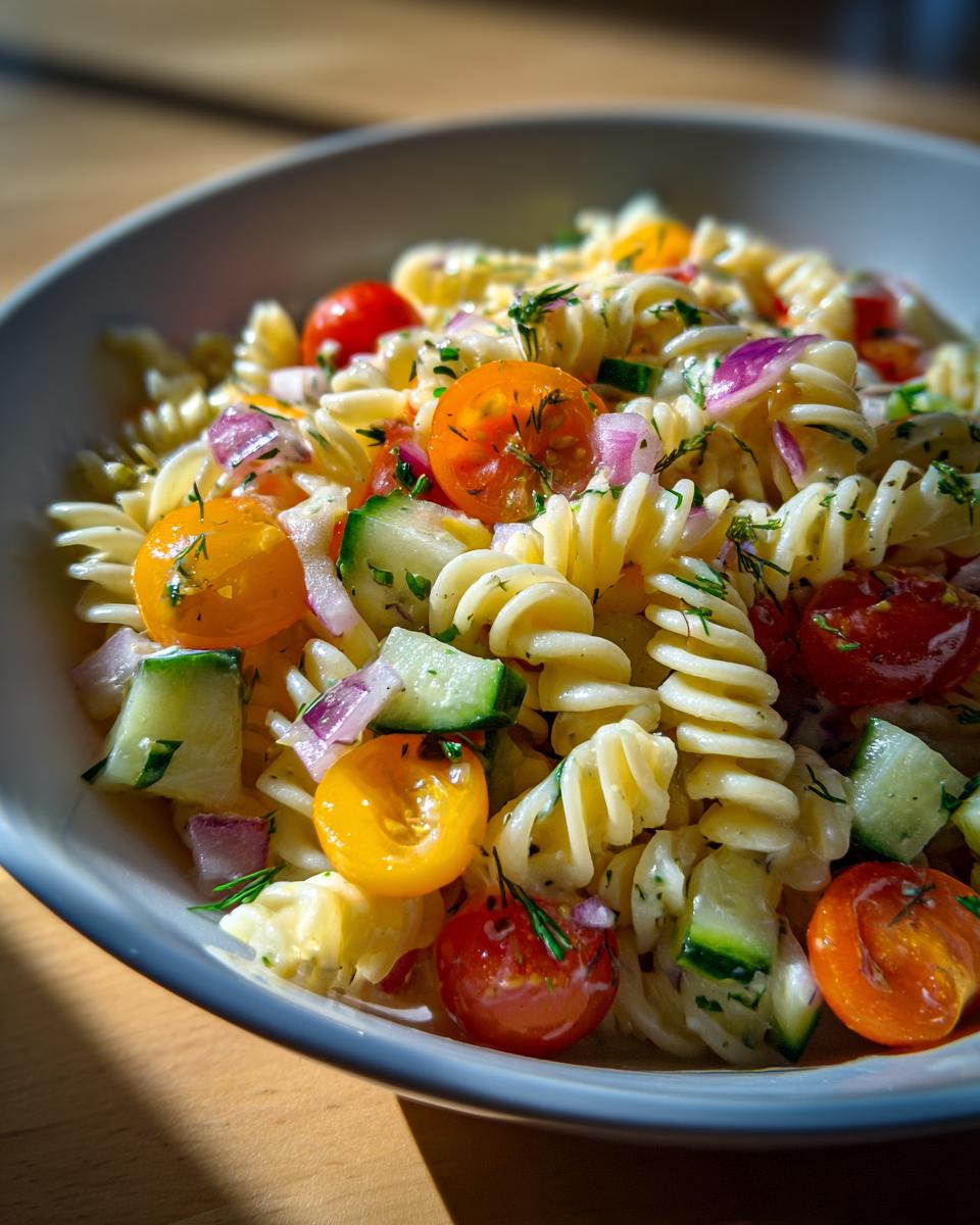 Close-up of a bright summer pasta salad with fusilli, cherry tomatoes, cucumber, red onion, and fresh herbs.