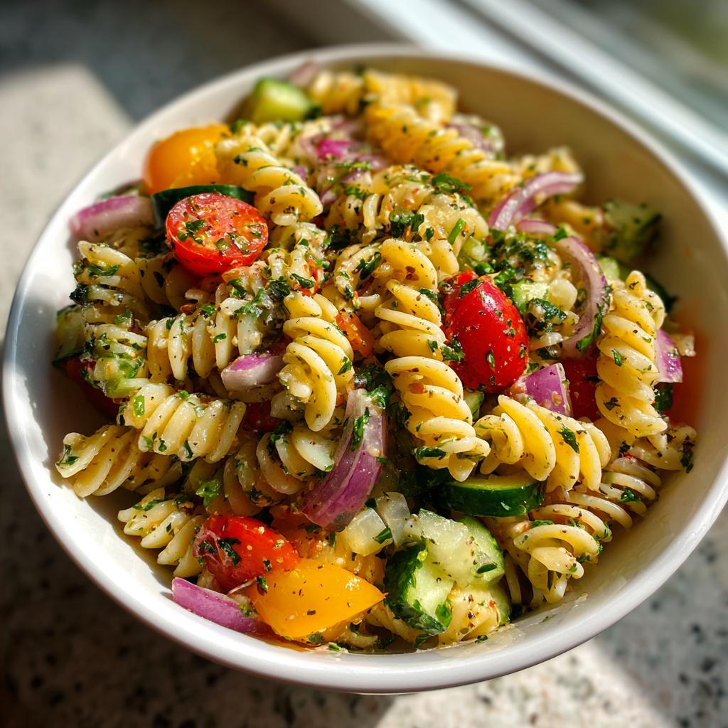 A close-up of a vibrant summer pasta salad featuring fusilli pasta, cherry tomatoes, cucumber, red onion, and fresh herbs.