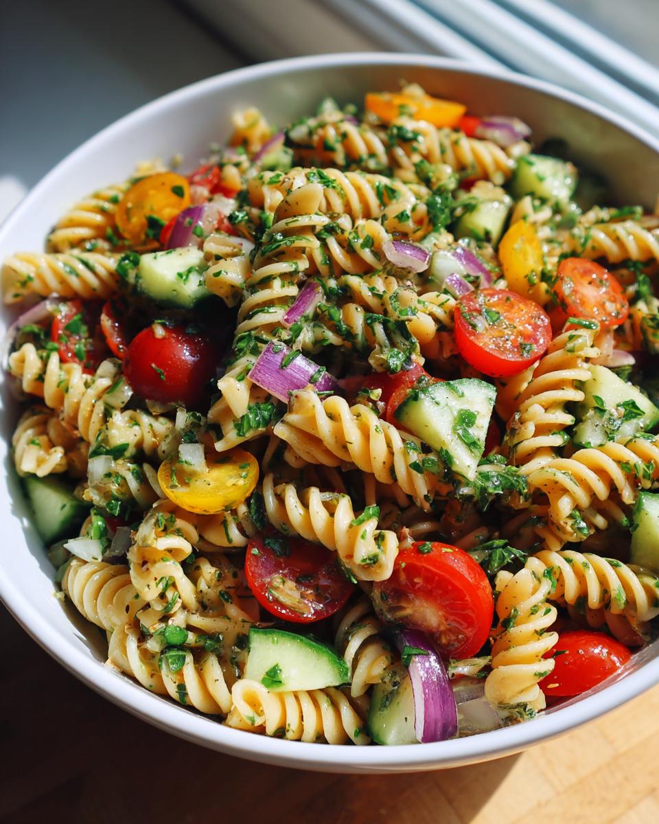 Close-up of a vibrant Summer Pasta Salad recipe, featuring rotini pasta, cherry tomatoes, cucumber, red onion, and fresh herbs.